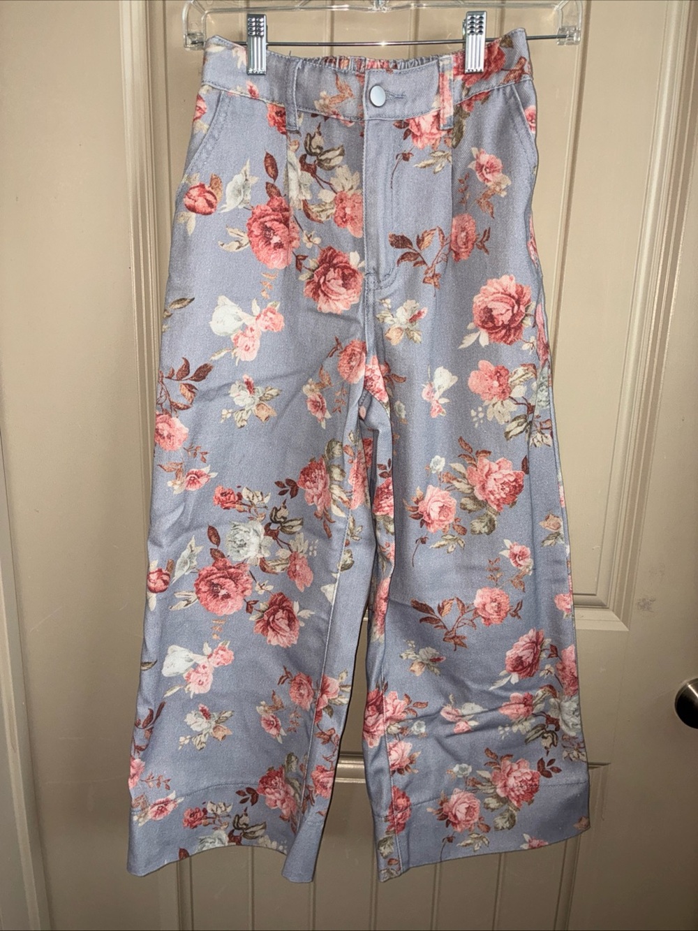 Floral Ankle Crop Jeans - Dusty Blue with Pink Roses